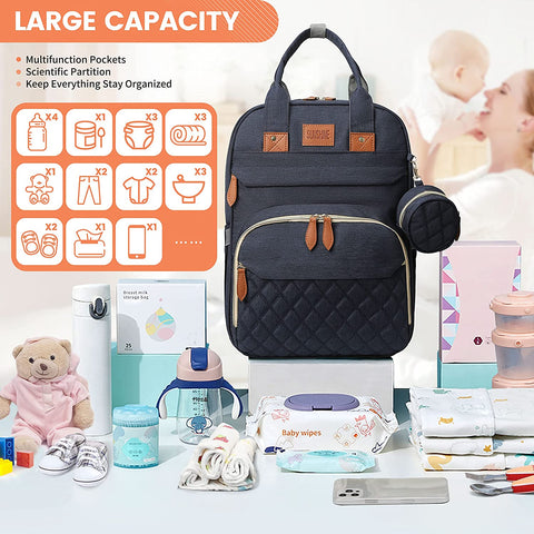 3-in-1 Waterproof Nappy Bag Backpack with Foldable Baby Bed and USB Charging