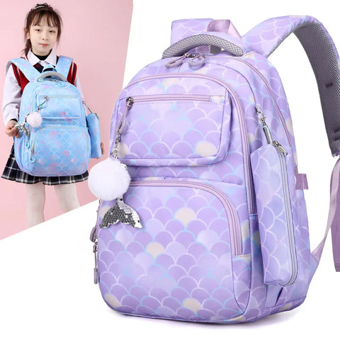 Fish Scale Print Mermaid Backpack Set for Girls – Waterproof School Bag with Pendant