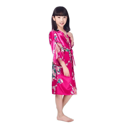Kids Satin Floral Kimono Robe – Flower Girl Peacock Bathrobe