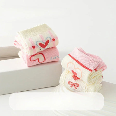 Five Pairs Kids Love Heart Flower Print Cotton Socks