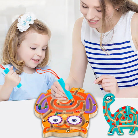 Wooden Educational Magnetic Maze Toy for Kids - Montessori Pen & Bead Game