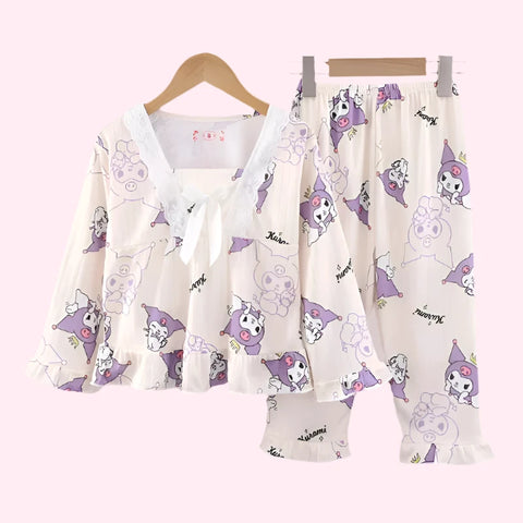 Cute Girls Pajama Set with Bow Lace Decoration – Comfortable & Trendy Nightwear