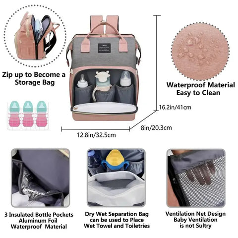 Nappy Bag Backpack with Changing Pad, Mosquito Net & USB Charging Port