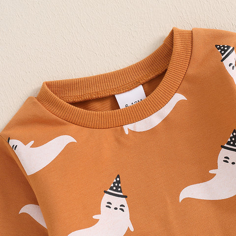 Baby Boy Halloween Clothing Set – Toddler Ghost/Pumpkin Print Sweatshirt and Elastic Waist Pants