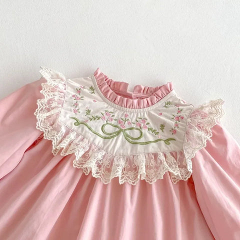 Girls Embroidery Floral Long Sleeve Dress - Spring Party Lace Dress