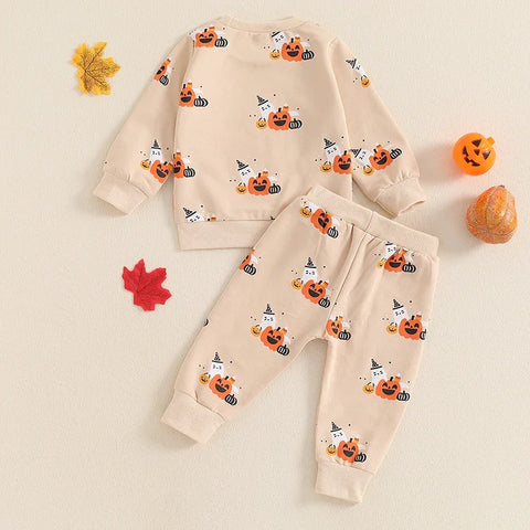Baby Boy Halloween Clothing Set – Toddler Ghost/Pumpkin Print Sweatshirt and Elastic Waist Pants