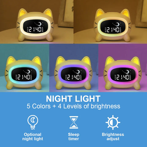 Cat-Shaped LED Alarm Clock for Kids - With Snooze and Voice Control