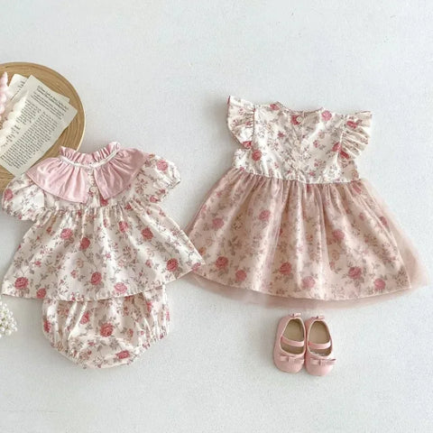 Newborn Baby Girl Matching Retro Floral Lace Dress Set