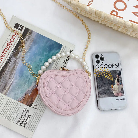 Girls Mini Heart-Shaped Crossbody Bag – Pearl Handle Coin Purse and Handbag