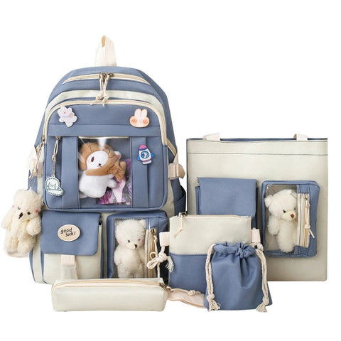 5 Pcs Set Girls Backpack - Large Capacity Student Schoolbag for Girls with Pencil Case and Shoulder Bag