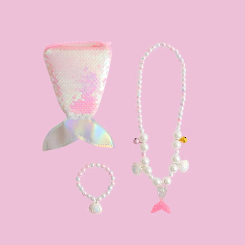 Cute Pearl Bracelet, Necklace, and Fishtail Crossbody Bag Set for Girls