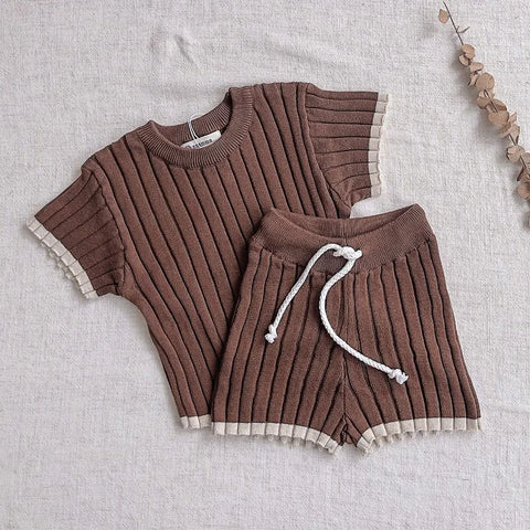 Summer Autumn Baby Girls Knitted Clothing Set – Short Sleeved Pullover Tops + Shorts