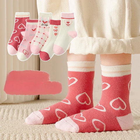 Five Pairs Kids Love Heart Flower Print Cotton Socks