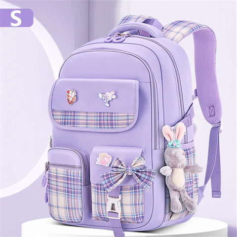 Kawaii Rabbit Pendant Waterproof School Backpack for Girls – Cute Bow Knot Design for Kids