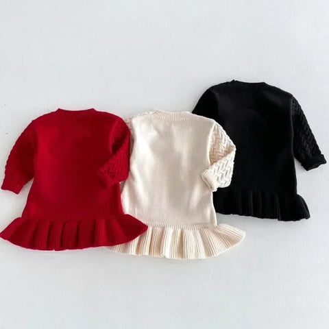 Girls O-Collar Knitted Solid Dress – Ruffle Knitwear Dress