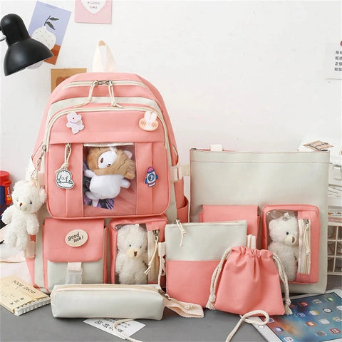 5 Pcs Set Girls Backpack - Large Capacity Student Schoolbag for Girls with Pencil Case and Shoulder Bag