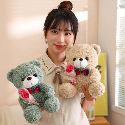 Kawaii Teddy Bear with Bouquet Plush Toy – Soft Stuffed Bow Tie Bear