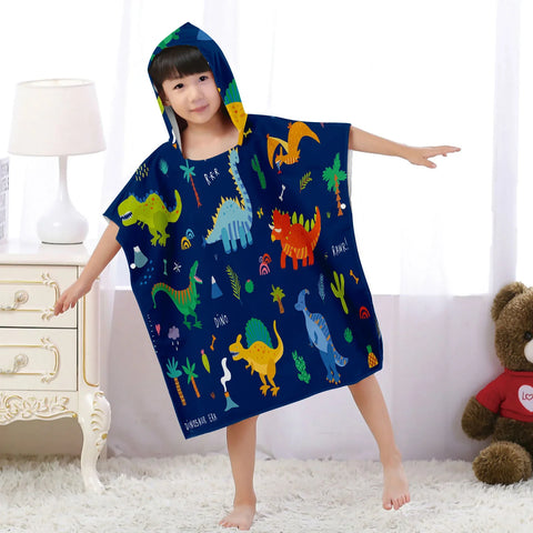 Cartoon Dinosaur Beach Bath Towel – Microfiber Quick Dry Hooded Poncho for Kids & Adults