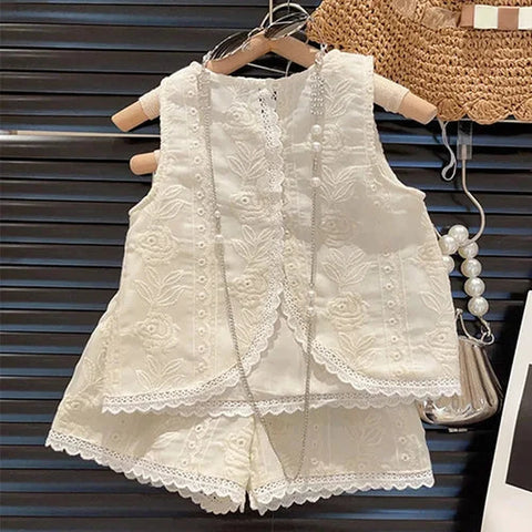 Sleeveless Cotton Embroidered Vest and Shorts Set for Girls