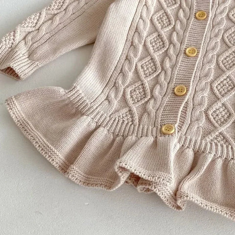 Girls' Sweater Long Sleeve Dress – Retro Ruffle Edge Knitted Wool Dress