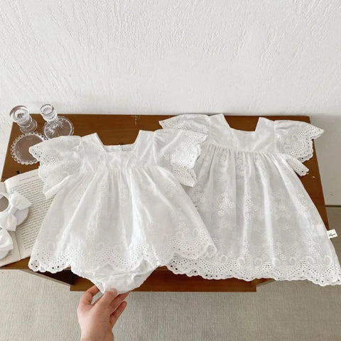 White Dress & Newborn Baby Lace Embroidery Rompers – Sisters Summer Clothes