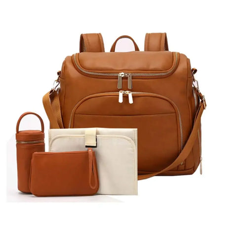 7-in-1 Baby Nappy Bag - Solid PU Leather Maternity Backpack with Changing Pad
