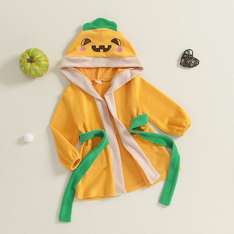 Kids Halloween Bathrobe with Belt – Cartoon Pumpkin/Chick Print Hooded Plush Robe!