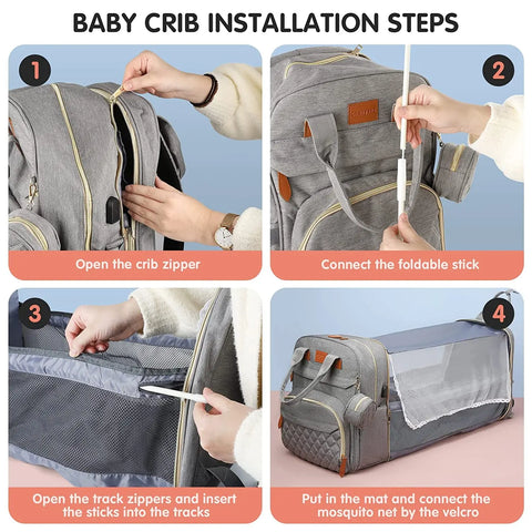 3-in-1 Waterproof Nappy Bag Backpack with Foldable Baby Bed and USB Charging