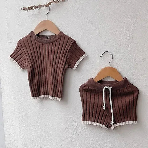 Summer Autumn Baby Girls Knitted Clothing Set – Short Sleeved Pullover Tops + Shorts