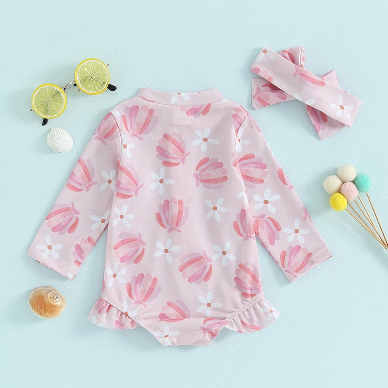 Girls Long-Sleeve Swimsuit with Headband – UPF Protection for All-Day Play Teeny Pandas