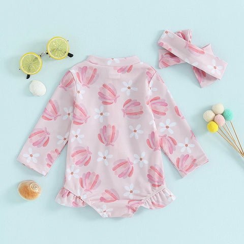 Girls Long-Sleeve Swimsuit with Headband – UPF Protection for All-Day Play Teeny Pandas