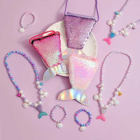 Cute Pearl Bracelet, Necklace, and Fishtail Crossbody Bag Set for Girls