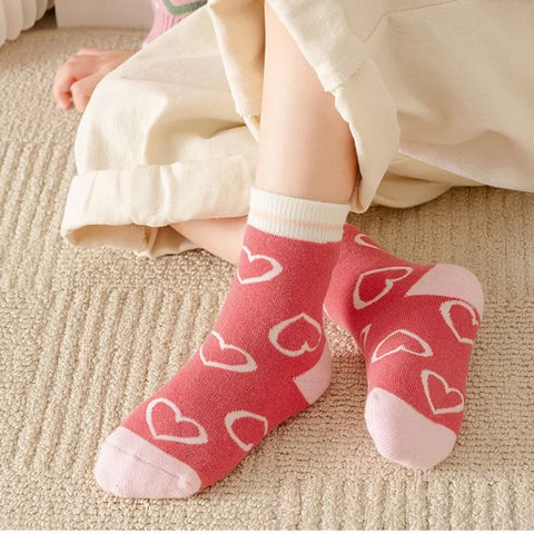 Five Pairs Kids Love Heart Flower Print Cotton Socks
