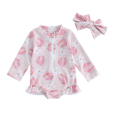 Girls Long-Sleeve Swimsuit with Headband – UPF Protection for All-Day Play Teeny Pandas