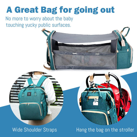 3-in-1 Waterproof Nappy Bag Backpack with Foldable Baby Bed and USB Charging
