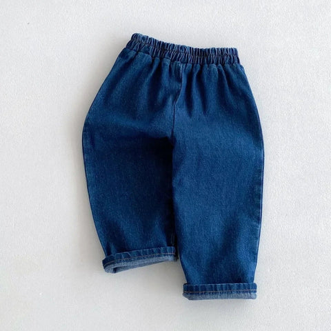 Children’s Denim Harem Pants – Elastic Waist Casual Washed Jeans