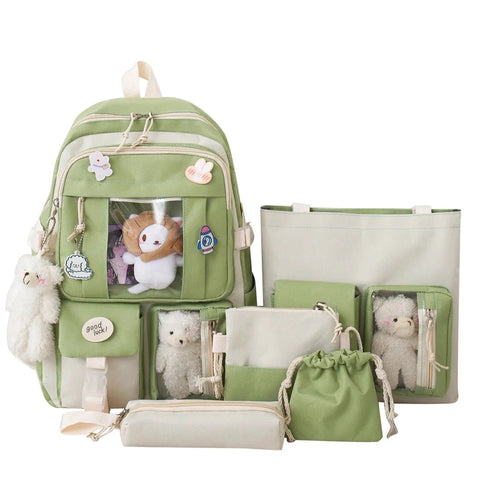 5 Pcs Set Girls Backpack - Large Capacity Student Schoolbag for Girls with Pencil Case and Shoulder Bag