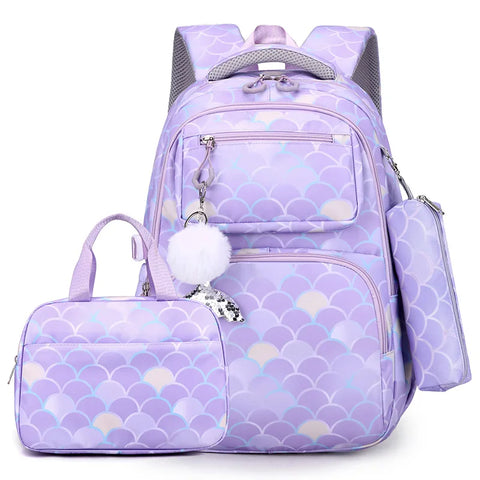 Fish Scale Print Mermaid Backpack Set for Girls – Waterproof School Bag with Pendant