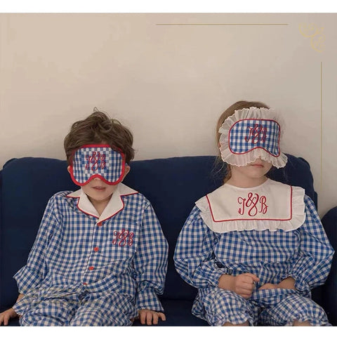Vintage Plaid Sleepwear Embroidered Letters Pajama Set with Blindfold