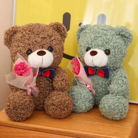 Kawaii Teddy Bear with Bouquet Plush Toy – Soft Stuffed Bow Tie Bear