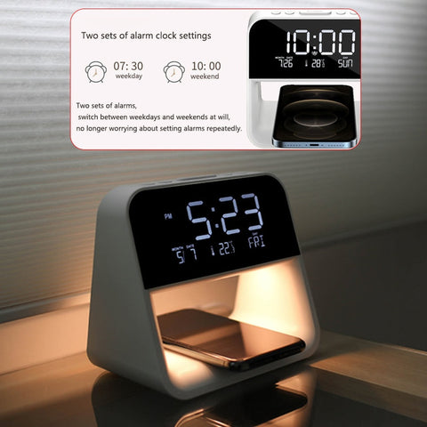 Bedroom Bedside Lamp Clock with Wireless Charging & Snooze Function