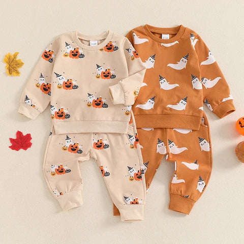 Baby Boy Halloween Clothing Set – Toddler Ghost/Pumpkin Print Sweatshirt and Elastic Waist Pants