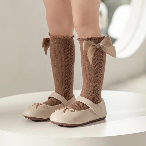 Kids Knee High Socks - Breathable Cotton Mesh Socks with Bow
