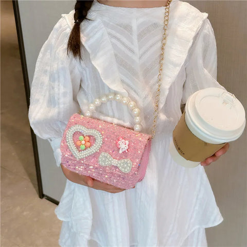 Pearl Beaded Bow Sequin Handbags for Girls