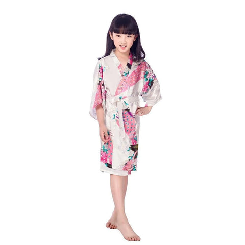 Kids Satin Floral Kimono Robe – Flower Girl Peacock Bathrobe