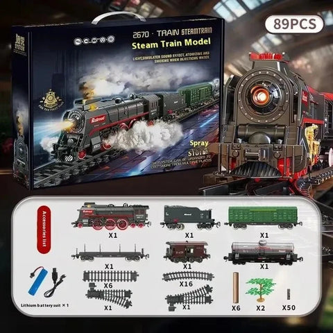 Retro Steam Train Track Toy Set – Electric Train with Spray & Lights, Christmas Gift for Kids
