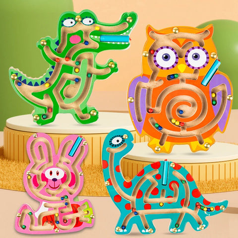 Wooden Educational Magnetic Maze Toy for Kids - Montessori Pen & Bead Game