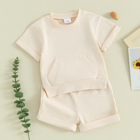 2-Piece Outfit Set for Boys – Solid Color Pocket T-Shirt & Elastic Shorts for Summer