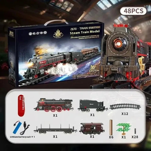 Retro Steam Train Track Toy Set – Electric Train with Spray & Lights, Christmas Gift for Kids