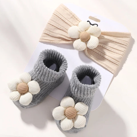 Flower Baby Headband and Socks Set for Newborn Girls
